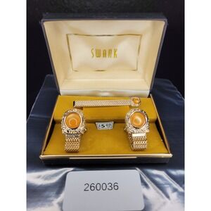 Swank Cufflinks Tie Clip Set Gold Tone Orange Cabochon Mesh Textured Excellent
